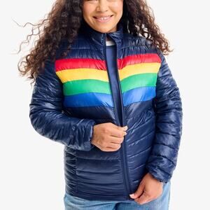Primary Adult Puffer Jacket In Stripe Medium Unisex Fit Navy Blue Rainbow